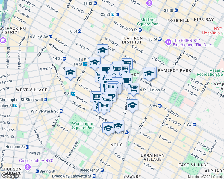 map of restaurants, bars, coffee shops, grocery stores, and more near 86 University Place in New York