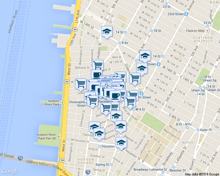 map of restaurants, bars, coffee shops, grocery stores, and more near 341 Bleecker Street in New York