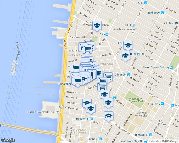 map of restaurants, bars, coffee shops, grocery stores, and more near in New York