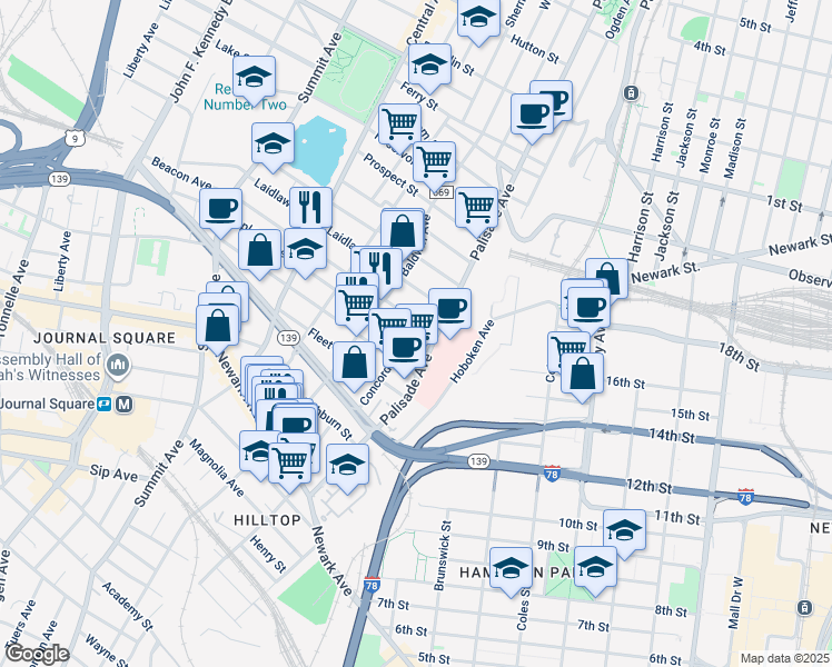 map of restaurants, bars, coffee shops, grocery stores, and more near 192 Palisade Avenue in Jersey City