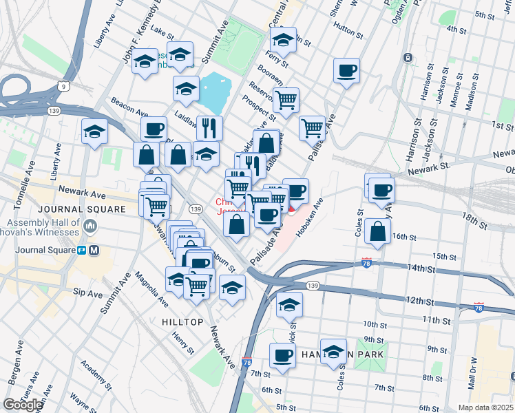 map of restaurants, bars, coffee shops, grocery stores, and more near 22 Saint Pauls Avenue in Jersey City
