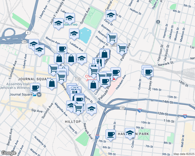 map of restaurants, bars, coffee shops, grocery stores, and more near 46 Fleet Street in Jersey City