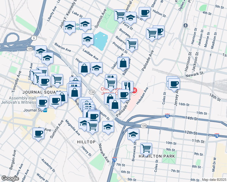 map of restaurants, bars, coffee shops, grocery stores, and more near 46 Fleet Street in Jersey City