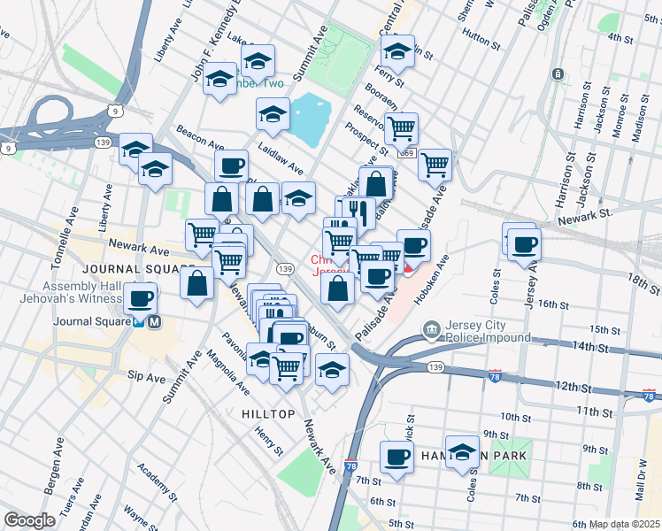 map of restaurants, bars, coffee shops, grocery stores, and more near 46 Fleet Street in Jersey City