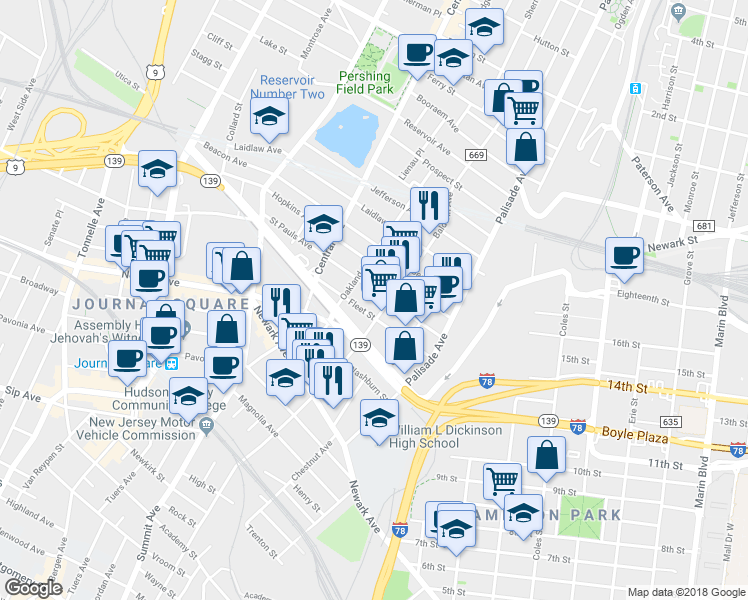 map of restaurants, bars, coffee shops, grocery stores, and more near 46 Fleet Street in Jersey City
