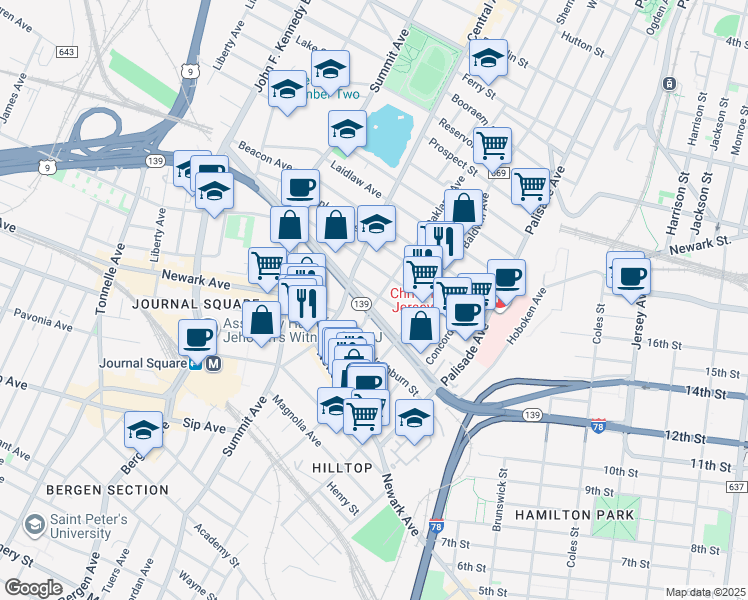 map of restaurants, bars, coffee shops, grocery stores, and more near 366 Hoboken Avenue in Jersey City