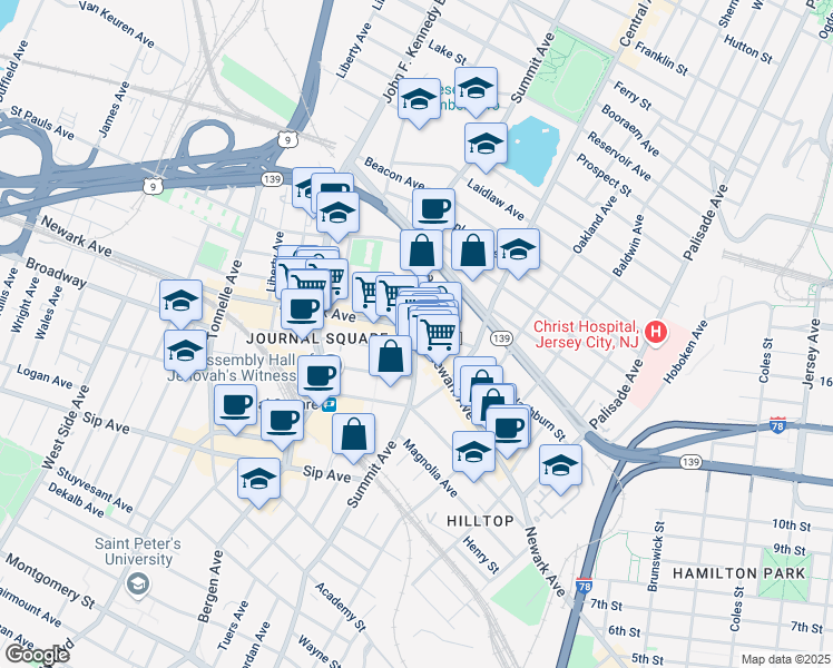 map of restaurants, bars, coffee shops, grocery stores, and more near 564-580 Summit Avenue in Jersey City
