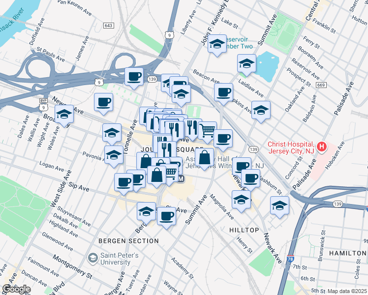 map of restaurants, bars, coffee shops, grocery stores, and more near 74 Cottage Street in Jersey City