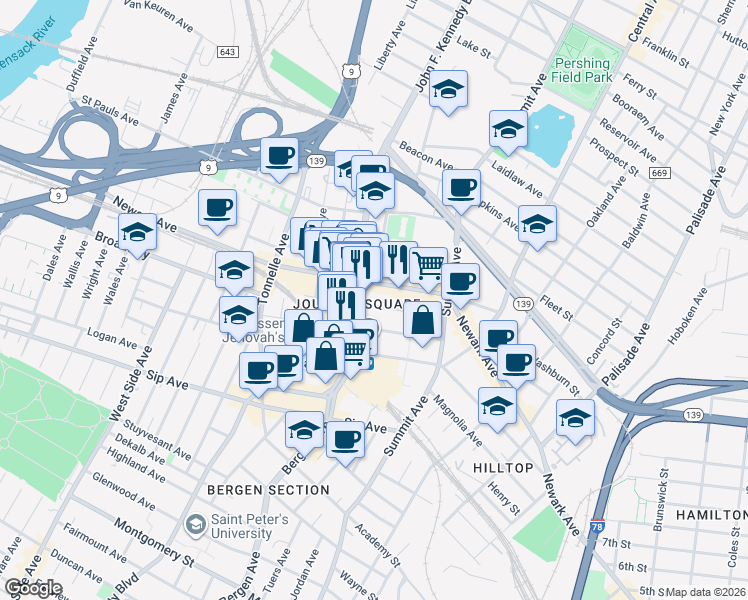 map of restaurants, bars, coffee shops, grocery stores, and more near 74 Cottage Street in Jersey City