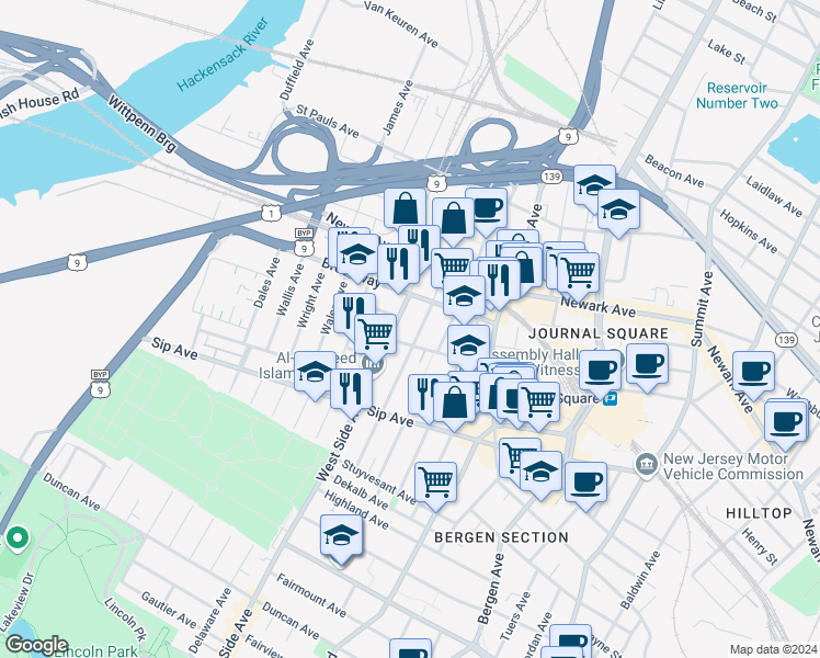 map of restaurants, bars, coffee shops, grocery stores, and more near 110 Corbin Avenue in Jersey City