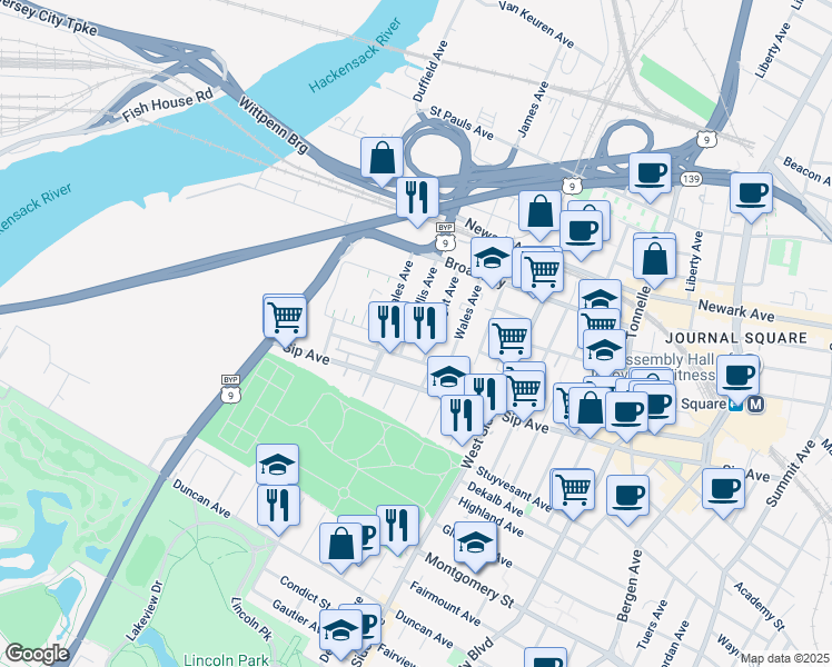 map of restaurants, bars, coffee shops, grocery stores, and more near 83 Logan Avenue in Jersey City