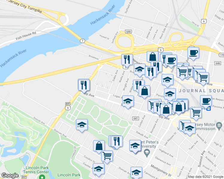map of restaurants, bars, coffee shops, grocery stores, and more near 83 Logan Avenue in Jersey City