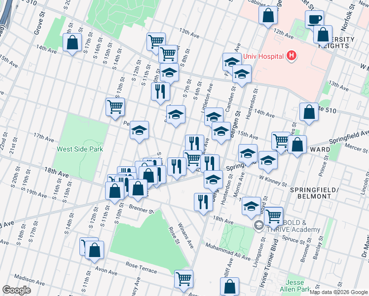 map of restaurants, bars, coffee shops, grocery stores, and more near 394 South 6th Street in Newark