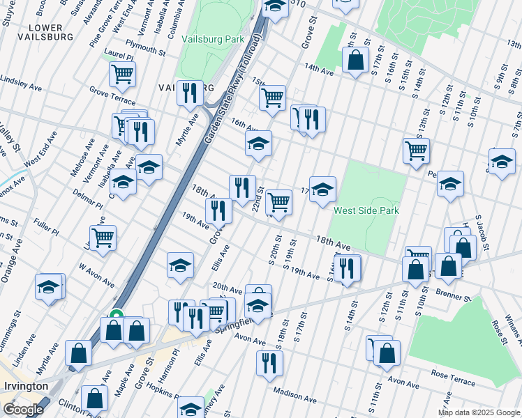 map of restaurants, bars, coffee shops, grocery stores, and more near 649 18th Avenue in Irvington