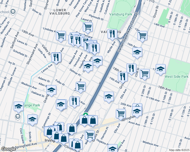 map of restaurants, bars, coffee shops, grocery stores, and more near 22 Delmar Place in Irvington