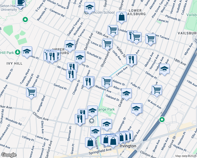 map of restaurants, bars, coffee shops, grocery stores, and more near 290 Madison Avenue in Irvington