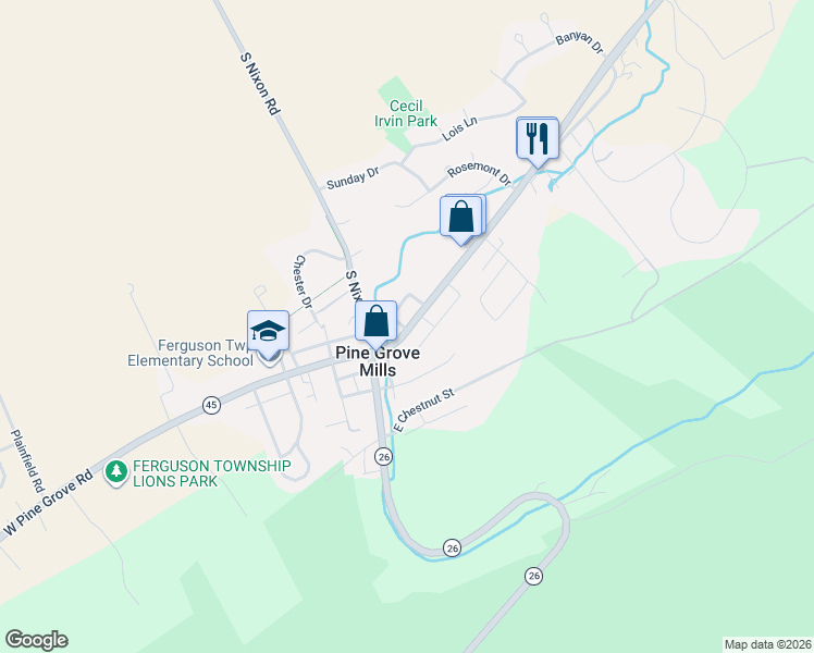 map of restaurants, bars, coffee shops, grocery stores, and more near 116 Pine Grove Road in Pine Grove Mills