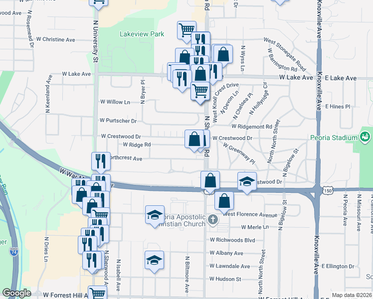 map of restaurants, bars, coffee shops, grocery stores, and more near 814 West Northcrest Avenue in Peoria
