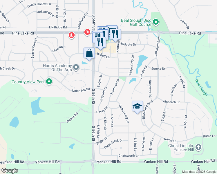map of restaurants, bars, coffee shops, grocery stores, and more near 7609 Kentwell Lane in Lincoln