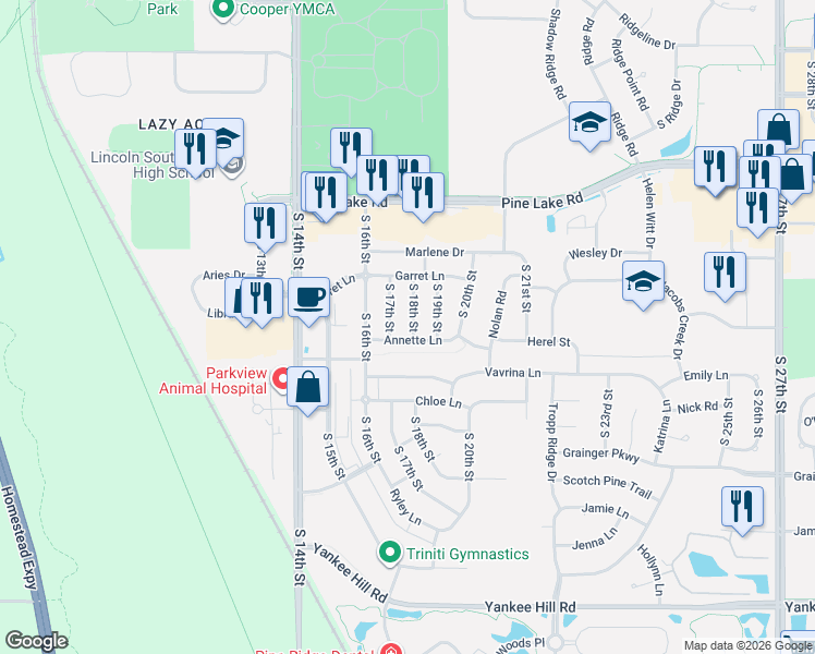 map of restaurants, bars, coffee shops, grocery stores, and more near 1717 Annette Lane in Lincoln