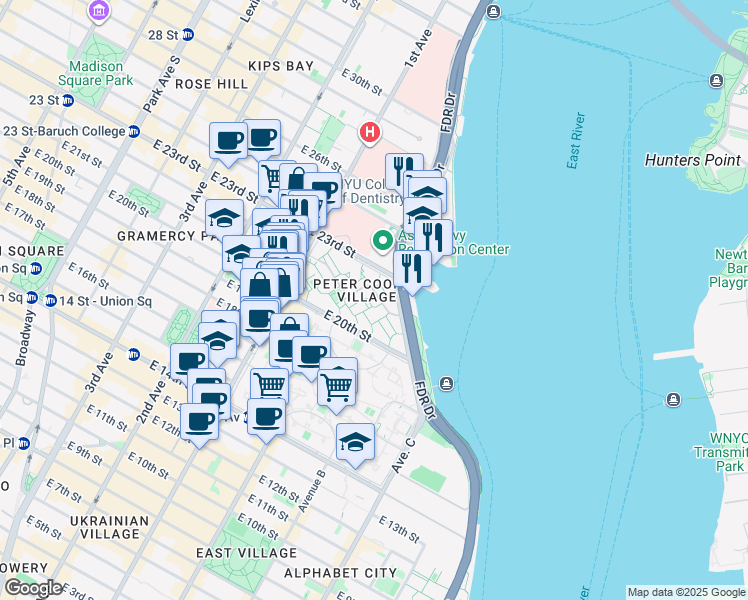 map of restaurants, bars, coffee shops, grocery stores, and more near 5 Peter Cooper Road in New York
