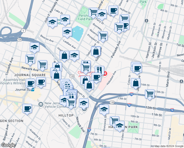 map of restaurants, bars, coffee shops, grocery stores, and more near 35 Hopkins Avenue in Jersey City