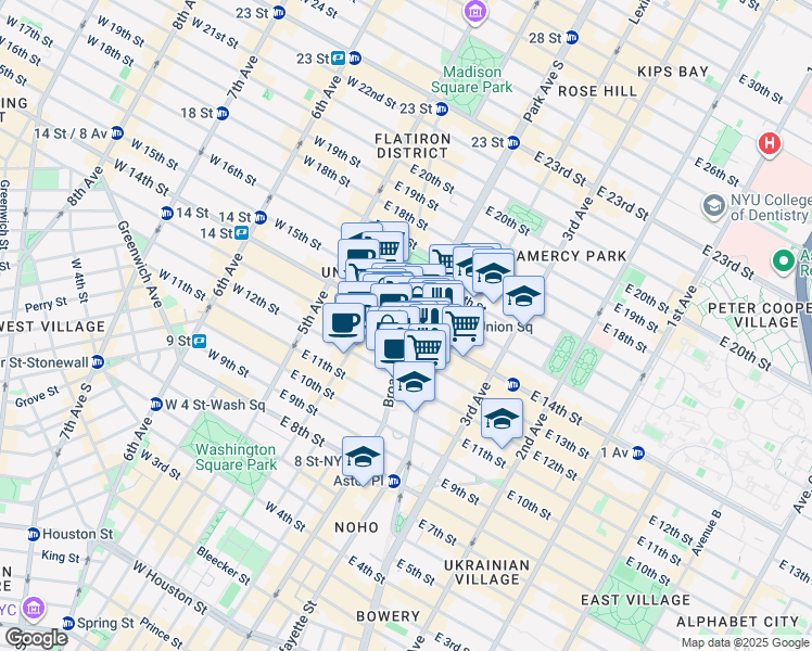 map of restaurants, bars, coffee shops, grocery stores, and more near 52 East 14th Street in New York