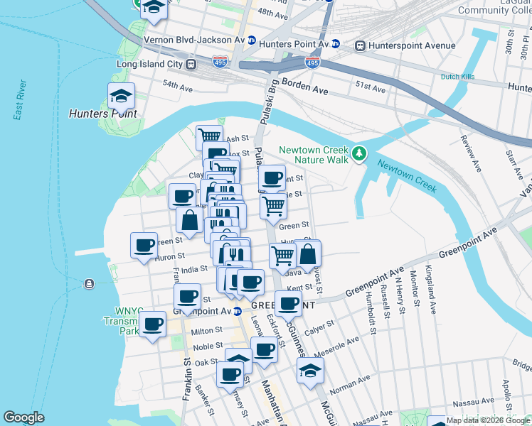 map of restaurants, bars, coffee shops, grocery stores, and more near 355 McGuinness Boulevard in Brooklyn