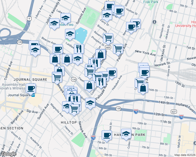 map of restaurants, bars, coffee shops, grocery stores, and more near 22 Saint Pauls Avenue in Jersey City