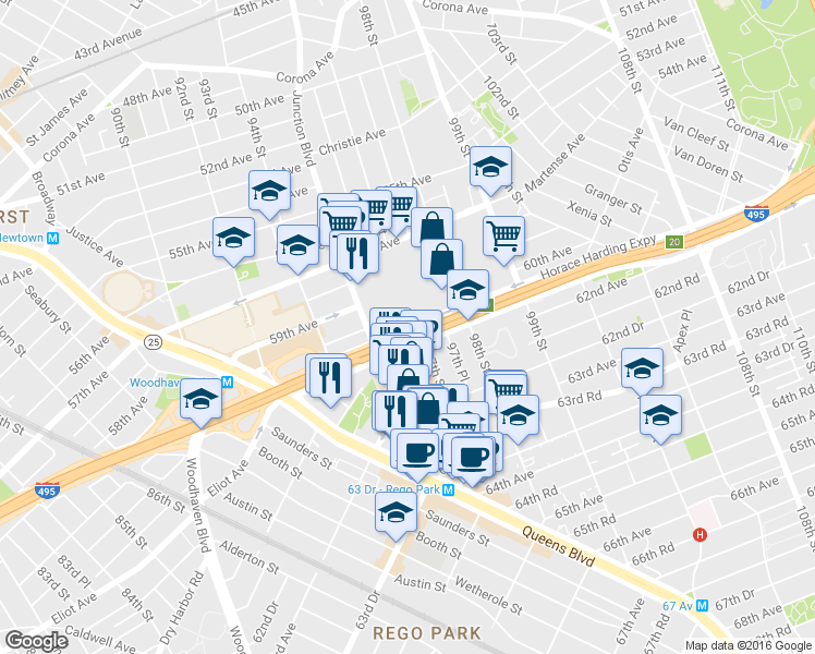 map of restaurants, bars, coffee shops, grocery stores, and more near 250 Horace Harding Expressway in Queens