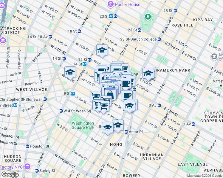 map of restaurants, bars, coffee shops, grocery stores, and more near 20 East 13th Street in New York