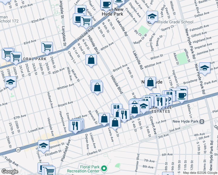 map of restaurants, bars, coffee shops, grocery stores, and more near 505 North 3rd Street in New Hyde Park