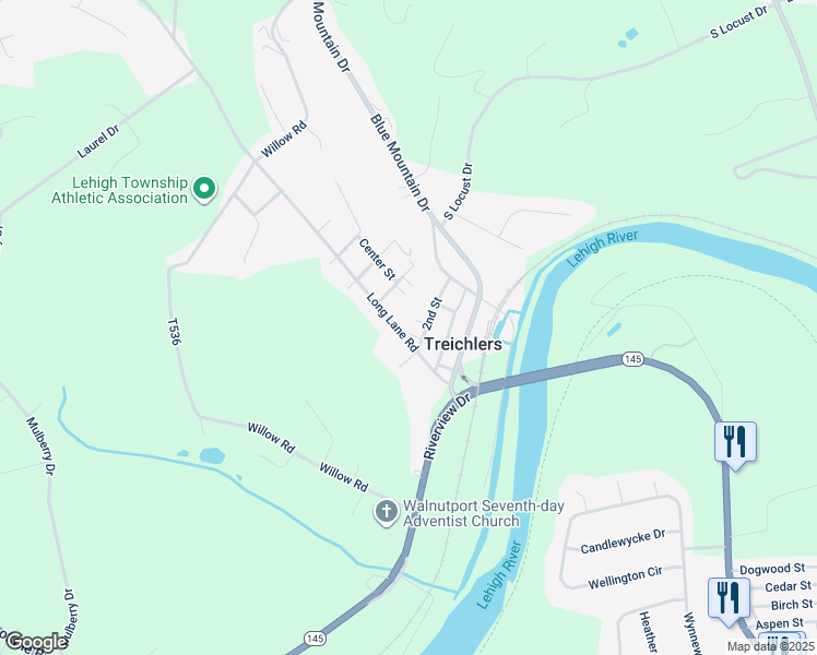 map of restaurants, bars, coffee shops, grocery stores, and more near 318 Long Lane Road in Walnutport