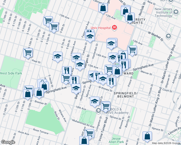 map of restaurants, bars, coffee shops, grocery stores, and more near 326 Springfield Avenue in Newark