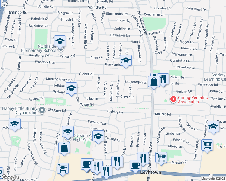 map of restaurants, bars, coffee shops, grocery stores, and more near 7 Mistletoe Lane in Levittown