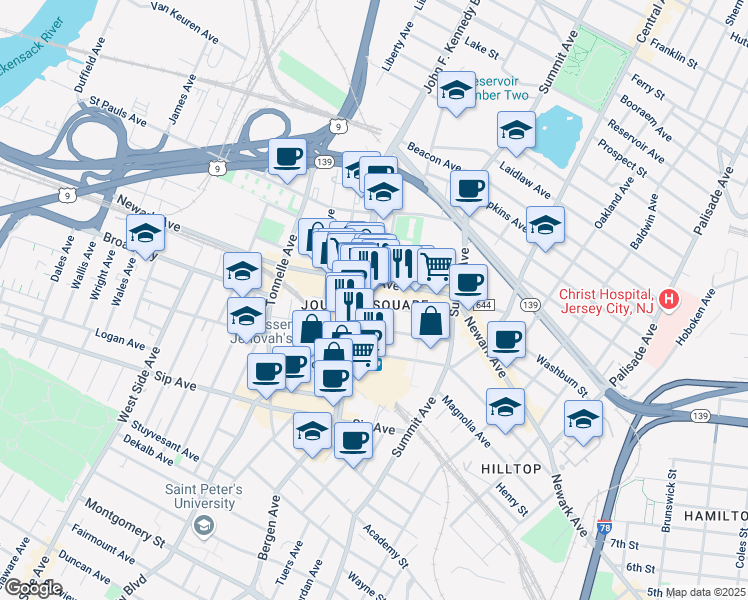 map of restaurants, bars, coffee shops, grocery stores, and more near 76 Cottage Street in Jersey City