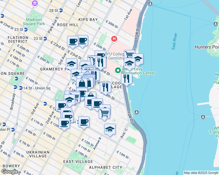 map of restaurants, bars, coffee shops, grocery stores, and more near 4 Peter Cooper Road in New York