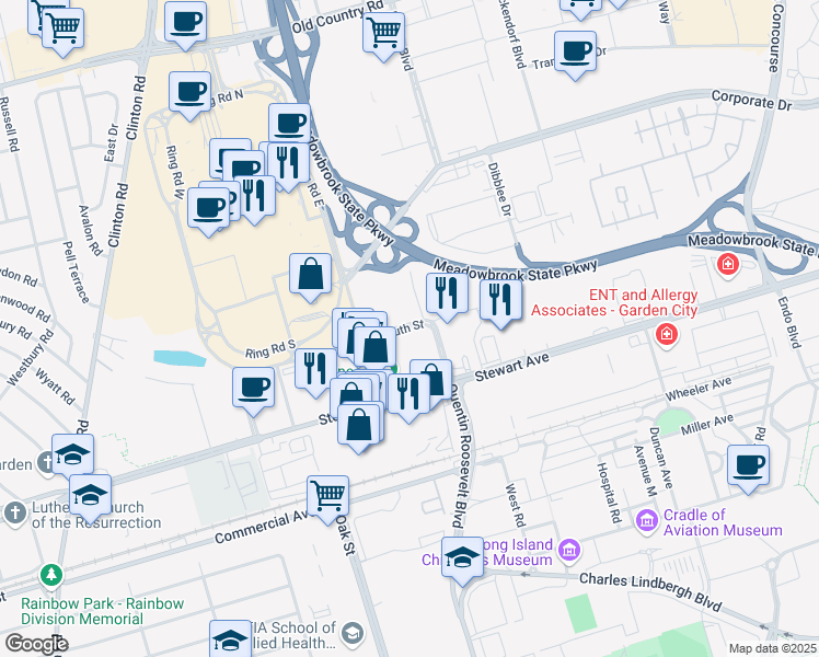 map of restaurants, bars, coffee shops, grocery stores, and more near 275 South Street in Garden City