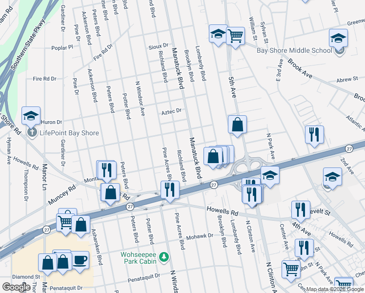 map of restaurants, bars, coffee shops, grocery stores, and more near 12 Chenango Drive in Bay Shore