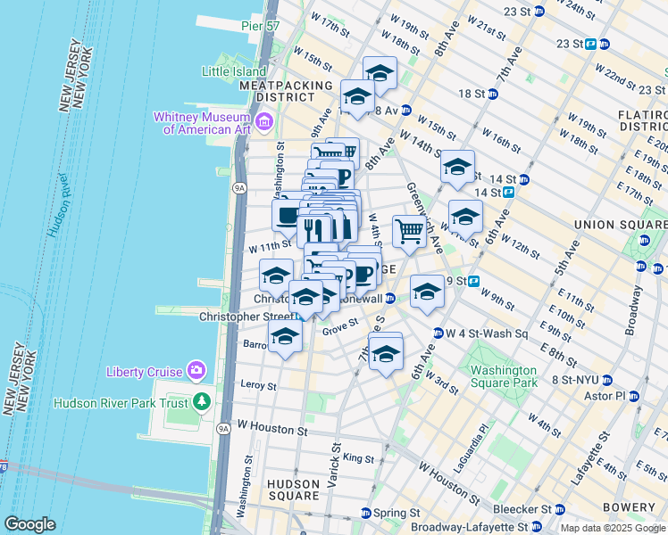 map of restaurants, bars, coffee shops, grocery stores, and more near 100 Perry Street in New York