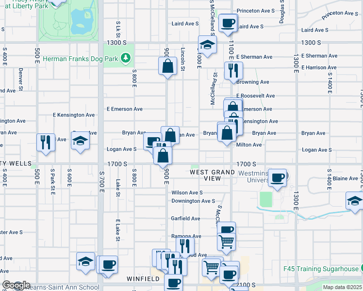 map of restaurants, bars, coffee shops, grocery stores, and more near 935 Logan Avenue South in Salt Lake City
