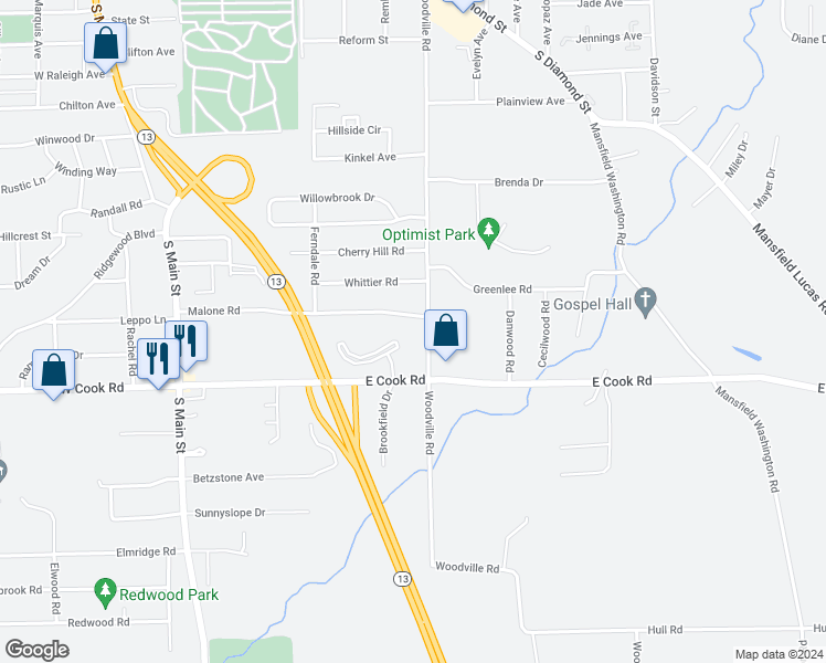 map of restaurants, bars, coffee shops, grocery stores, and more near 860 Woodville Road in Mansfield