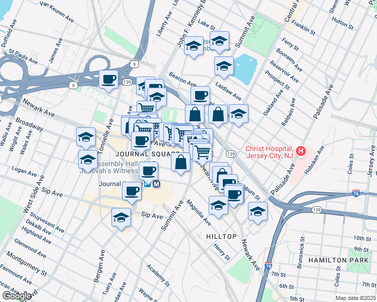 map of restaurants, bars, coffee shops, grocery stores, and more near 591 Summit Avenue in Jersey City