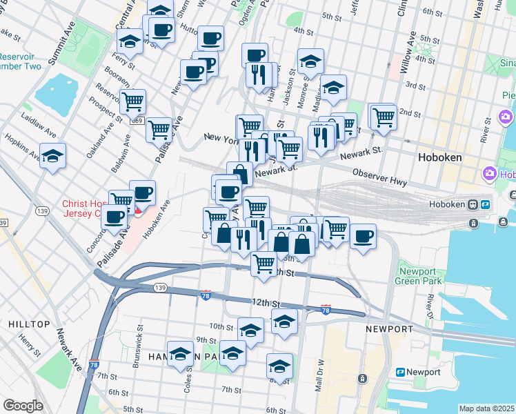 map of restaurants, bars, coffee shops, grocery stores, and more near 345 18th Street in Jersey City