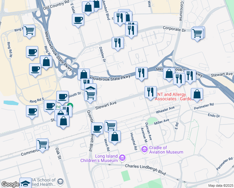map of restaurants, bars, coffee shops, grocery stores, and more near 901 Stewart Avenue in Garden City