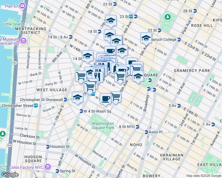 map of restaurants, bars, coffee shops, grocery stores, and more near 54 West 12th Street in New York