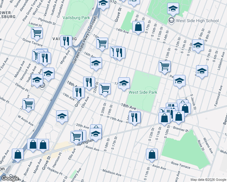 map of restaurants, bars, coffee shops, grocery stores, and more near 617 South 20th Street in Newark