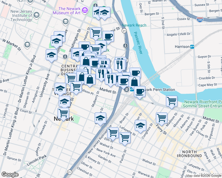 map of restaurants, bars, coffee shops, grocery stores, and more near 128 Commerce Street in Newark