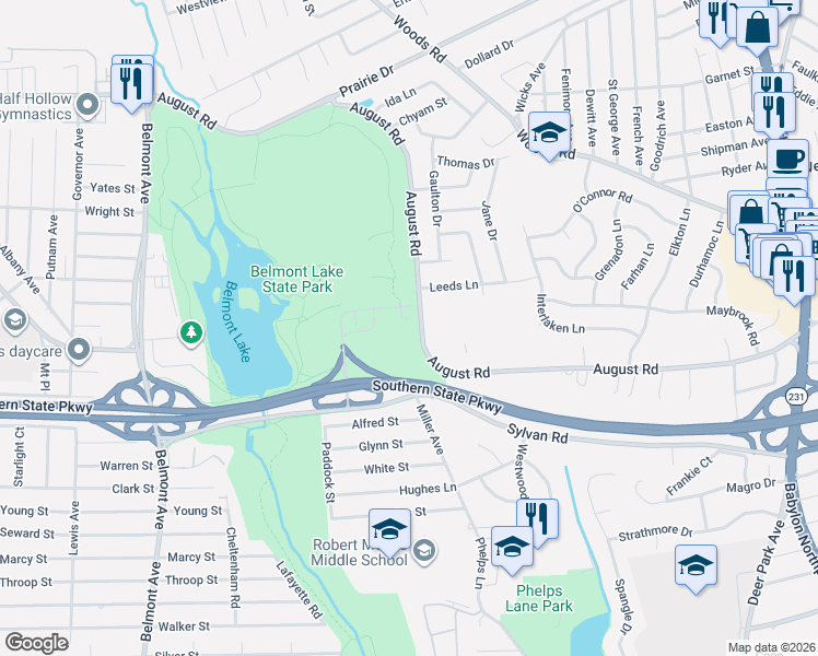 map of restaurants, bars, coffee shops, grocery stores, and more near 1562 August Road in North Babylon