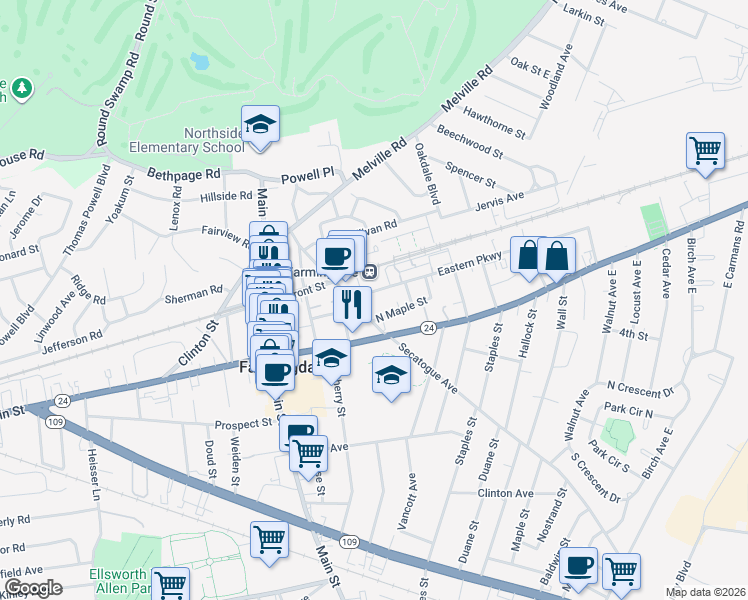 map of restaurants, bars, coffee shops, grocery stores, and more near 114 Eastern Parkway in Farmingdale